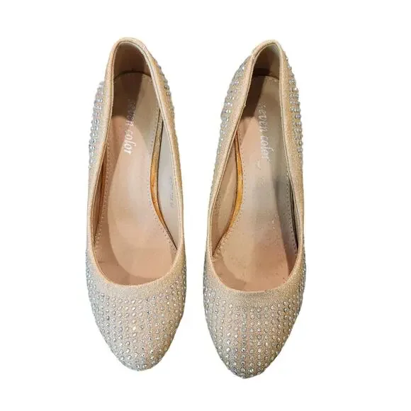 Seven Color Pumps Heels Womens Sz 6.5 Rhinestone Covered Pale Gold Pumps - Picture 2 of 10